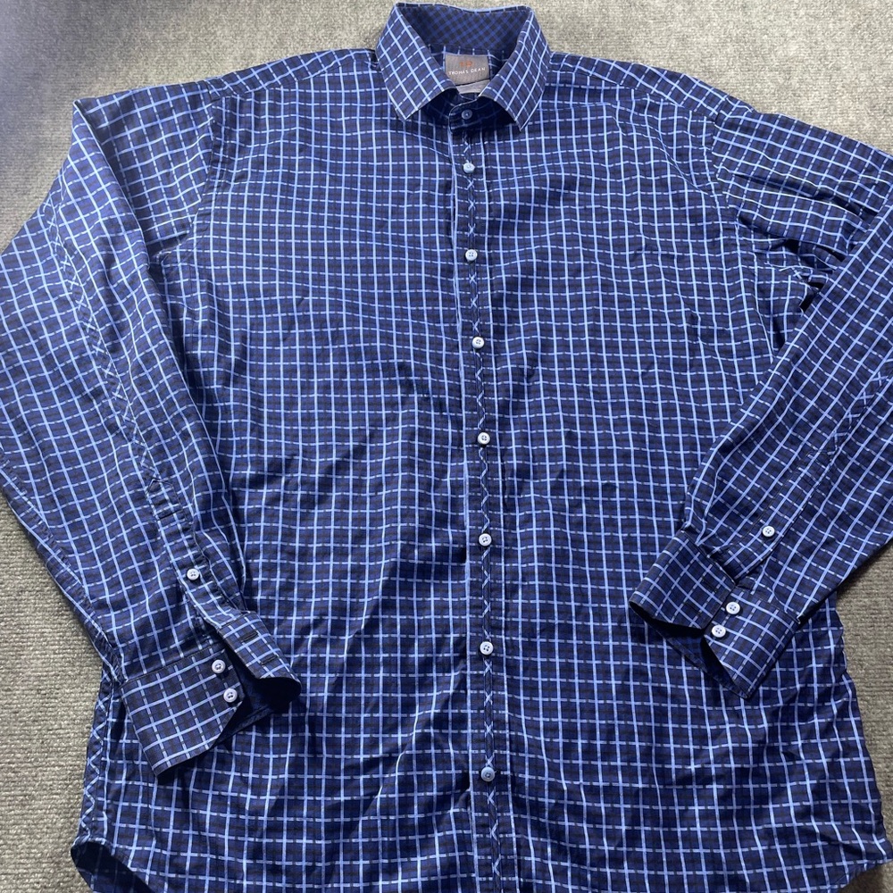 Thomas Dean Men's Check Cotton Button-Up Shirt Blue Black XLT Big & Tall